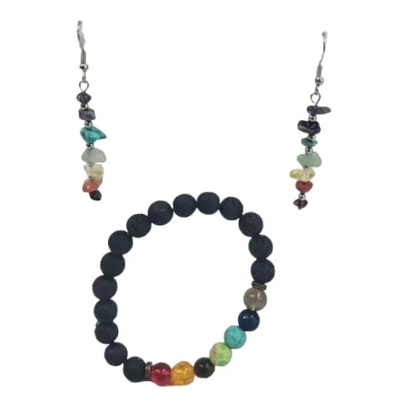 Beautiful Chakra Stones Earrings and Matching Black Lava Stone Chakra Bracelet. - Picture 1 of 15